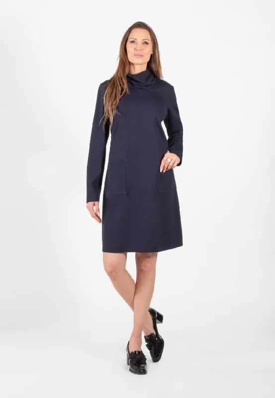 Fashionista Sale Sleek Design Navy Cowl Neck Long Sleeve 2 Pocket Dress