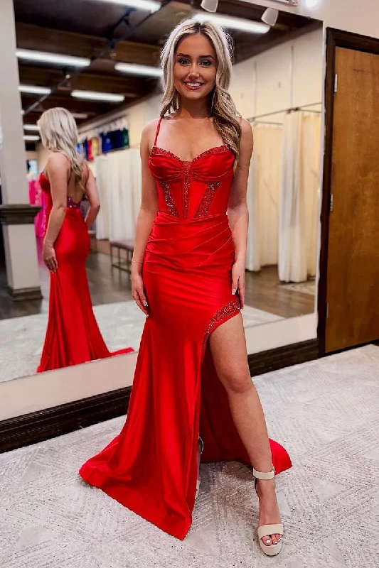 Huge Price Cut Statement Piece Roycebridal Red Sweetheart Satin Mermaid Long Prom Dresses with Beading