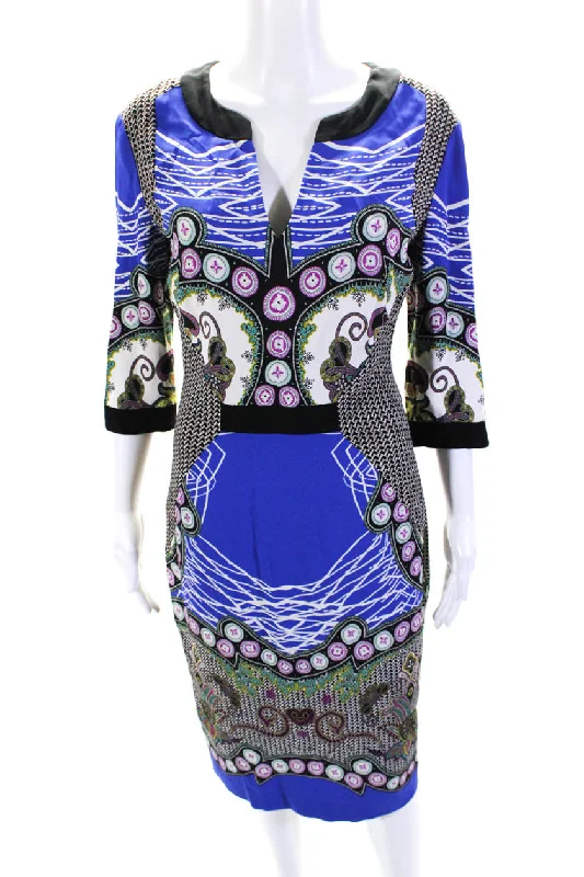 Glamorous Fashion Offers Vintage Elegance Etro Womens Abstract Print V-Neck Long Sleeve Zip Up Dress Blue