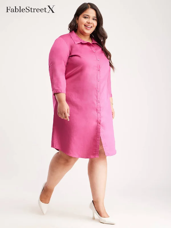 Bold Style Discounts Feminine Grace Cotton Shirt Dress - Fuchsia