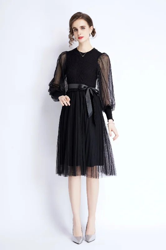 Hot Brand Discounts Elegant Ensemble Black Evening A-line Crewneck Long Sleeve Knee Lace Dress