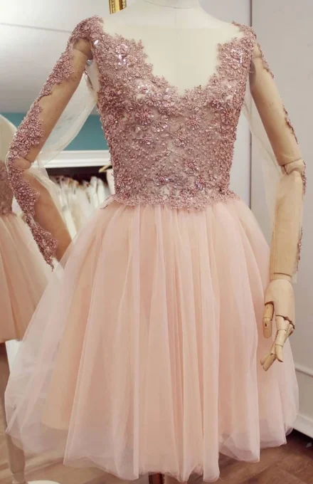 Trendy Pulse Effortless Style PINK TULLE LACE SHORT HOMECOMING DRESS, PINK BRIDESMAID DRESS cg2389