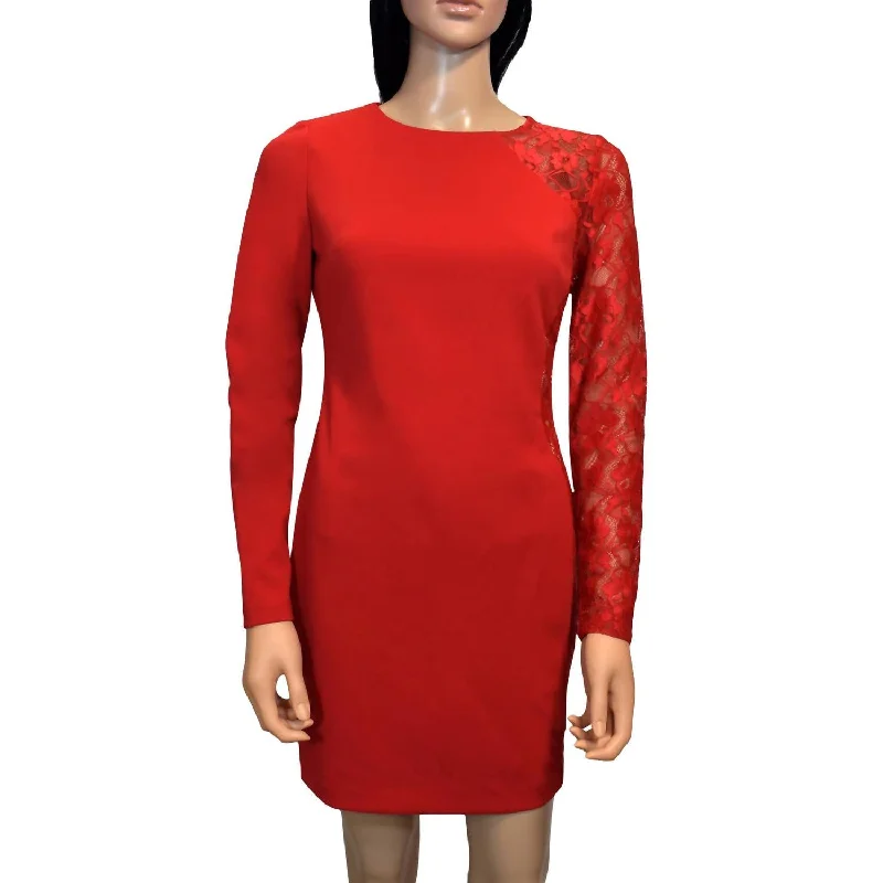 Must Haves Feminine Elegant Lace Long Sleeves Knee Length Detailed Sheath Dress In Red