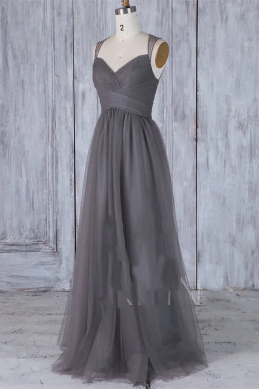 The Latest Trends Luxury Style Elegant Grey Long Tulle Bridesmaid Dress with Keyhole Back