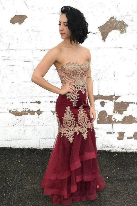 Weekend Exclusive Disco - Inspired Retro Dance Look Sexy Burgundy Tulle Strapless Sleeveless Long Lace Up Multi-layered Evening Dress Prom Dresses  cg8791