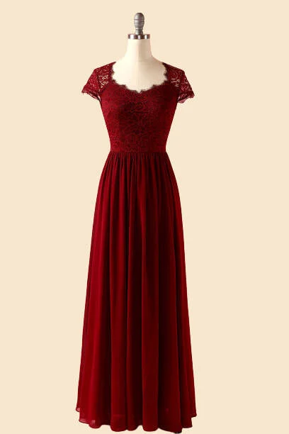 New Styles Just In Nordic Minimalist Home Look Crew Neck Cap Sleeve Burgundy Long Bridesmaid Dress