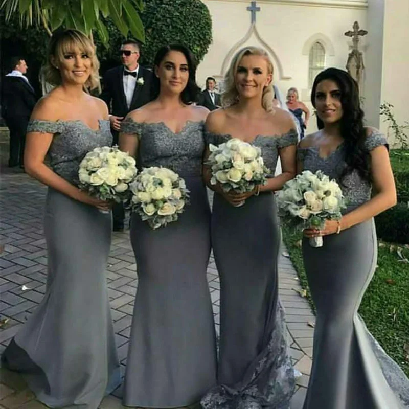 Get The Latest Trends Art Deco Geometric Pattern Look Elegant Off the Shoulder Grey Bridesmaid Dresses Long Mermaid Wedding Guests Formal Gown for Women