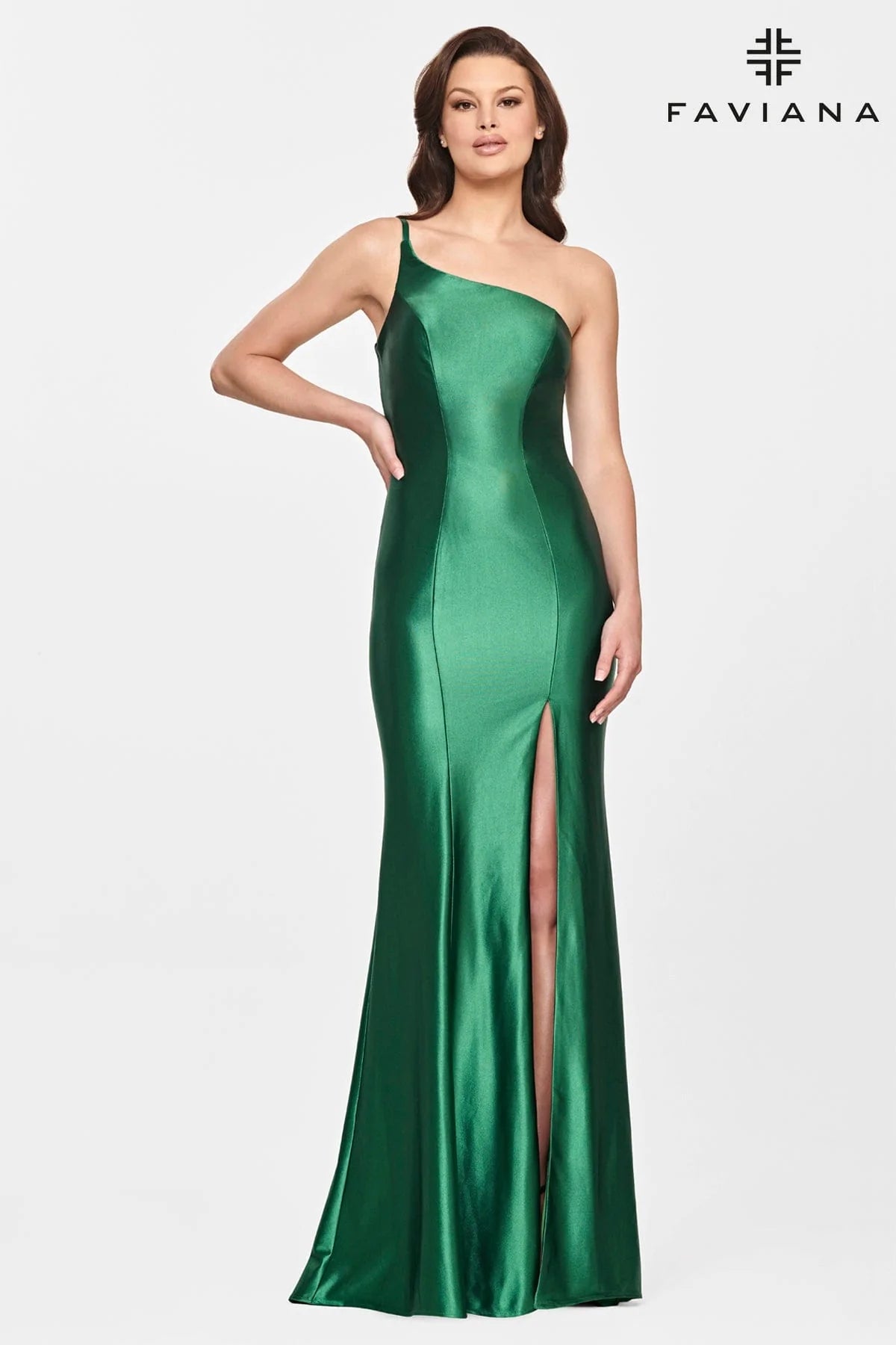 New Season Fashion Preview Sleek Design Faviana 10811 Satin One Shoulder Strap Gown | Dark Emerald