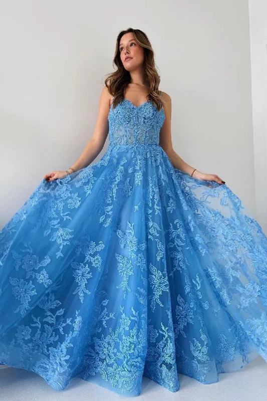 Style Without Limits Y2K Nostalgic Fashion Look Roycebridal Blue Spaghetti Straps Tulle Appliques Long Prom Dresses