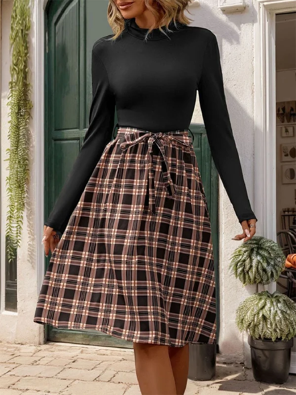 Trend Alert Romantic Detailing Plaid Mock Neck Long Sleeve Dress