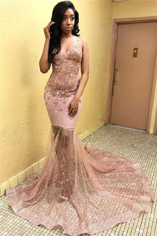 Big Discounts Floral Style Sexy Pink Sleeveless Spaghetti Straps Appliques Mermaid Long Prom Dress   cg18741