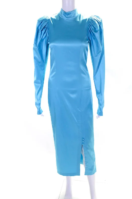 Spring Fashion Sleek Design ROTATE Womens Sky Blue High Neck Padded Long Sleeve Shift Dress