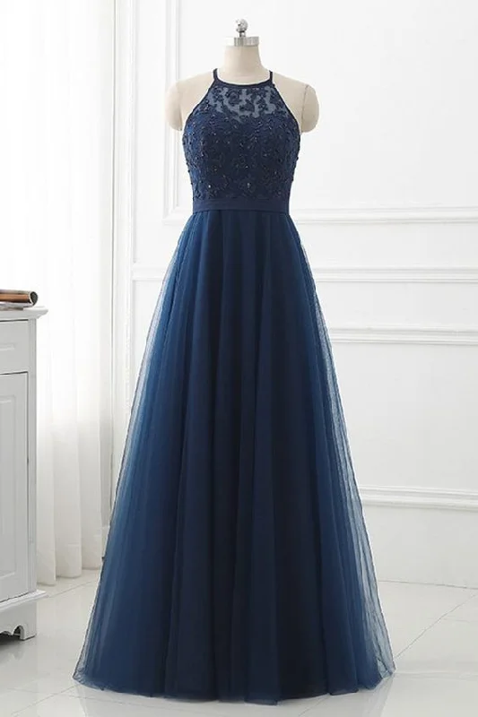 Season Offer Flash Sale Navy Blue Lace Strapless Long Prom Dress, Tulle Bridesmaid Dress   cg15915