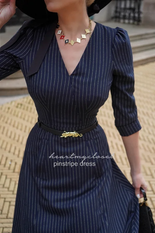 Popular Collection Romantic Detailing Pinstripe long sleeve Aline dress with belt