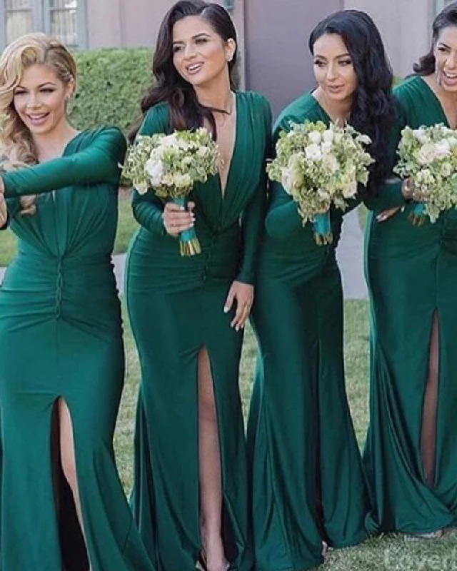 Durable Fashion Picks Limited - Edition Drops Spandex Sexy Long Sleeves Sexy V Neck Mermaid  Green Long Bridesmaid Dresses PL0831