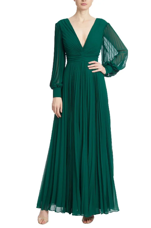 On-Trend Fashion Offers Nordic Minimalist Home Look Long Sleeve Pleated Gown In Dark Emerald