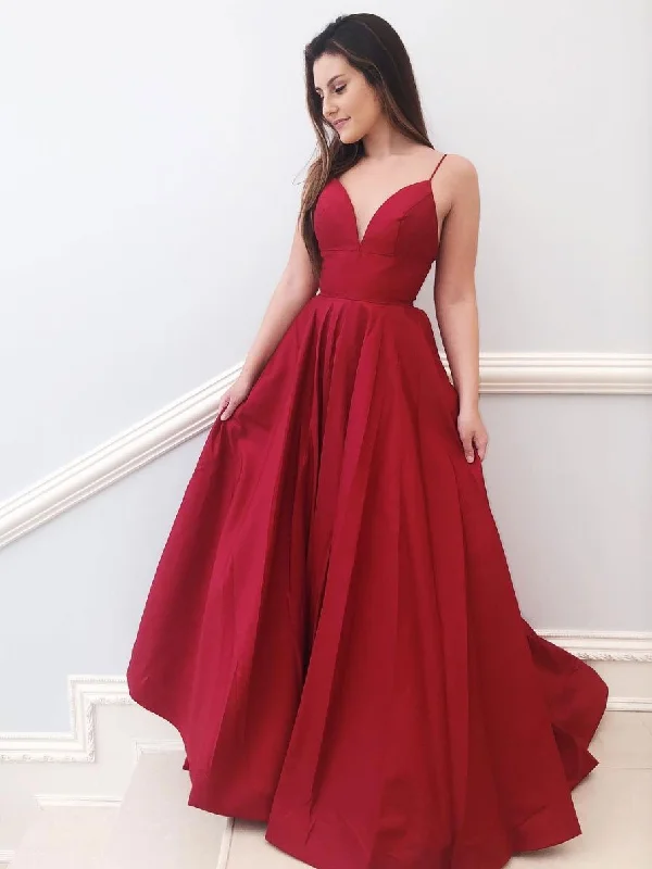 Vintage Style Deals Dreamy Draping Red v neck satin A-line long prom dress red bridesmaid dress    cg22098