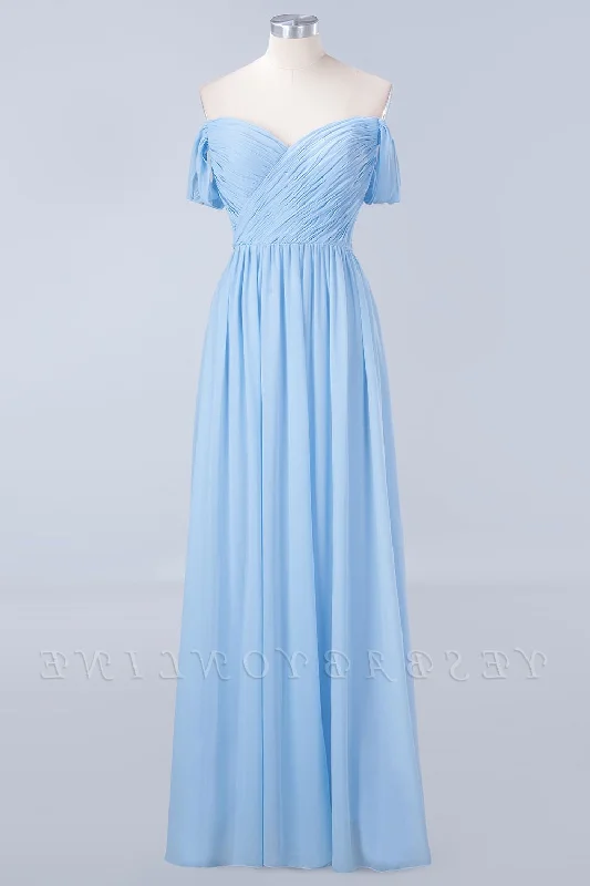 Don't Miss Out Ethnic Cultural Event Wear Blue Off the Shoulder Pleated Chiffon Long Bridesmaid Dress