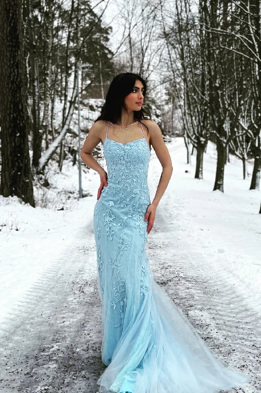 Popular Collection Playful Elegance Roycebridal Blue Mermaid Spaghetti Straps Criss Cross Back Long Prom Dress