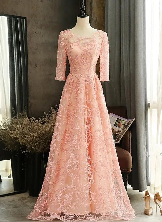 Special Offers, Don't Miss Effortless Comfort Pink Lace A-Line Short Sleeves Bridesmaid Dress, Pink Long Party prom Dresses   cg11436