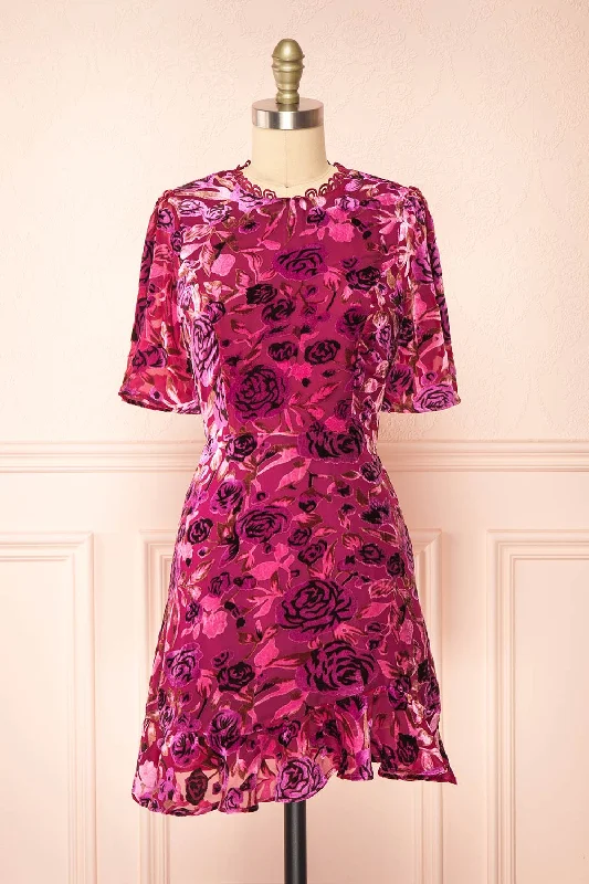 Limited Styles Luxe Layering Eudine | Short Violet Velvet Floral Dress