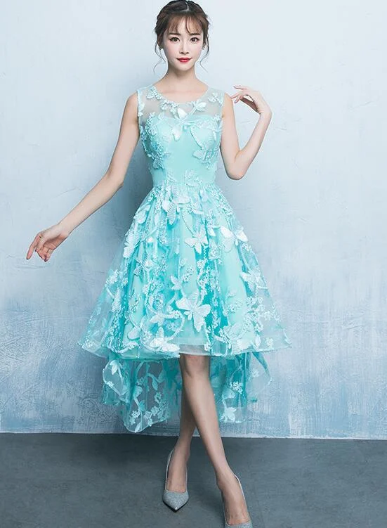 New Styles Just In Disco - Inspired Retro Dance Look Mint Green Lace High Low Bridesmaid Dress, High Low Homecoming Dress   cg16641