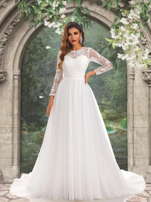 Hot Picks Save on Classic Elegant Styles Illusion Lace Top Floral Long Sleeves Round Neck A-line Long Wedding Dress, WD3094