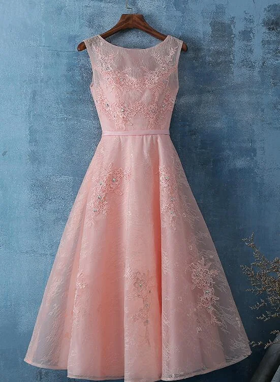 Additional Time-Limited Offers Casual Chic Pink Lace Tea Length Simple Bridesmaid Dress Homecoming Dress   cg12023