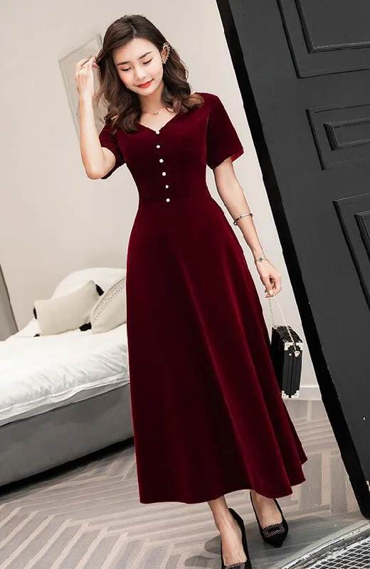 Relaxed Style Refined Simplicity Wine Red Tea Length Short Sleeves Vintage Style Party Dress, Velvet Bridesmaid Dress Prom Dress   cg12524