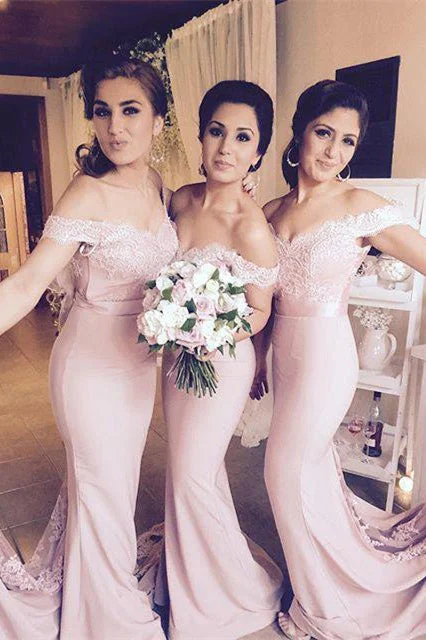 Stay Ahead In Style Urban Sophistication Mermaid Off Shoulder Pink Long Bridesmaid Dress with Lace Train