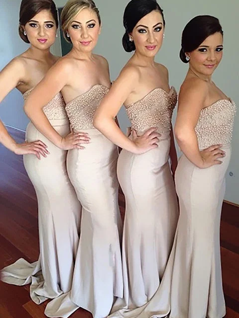 Chic And Trendy Sleek Design Sweetheart Mermaid Long Beige Bridesmaid Dress with Pearls