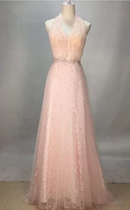 Get The Latest Trends Elegant Contour Sexy Pink Halte Neck Sleeveless Beaded Chiffon Long Prom Dress    cg11927