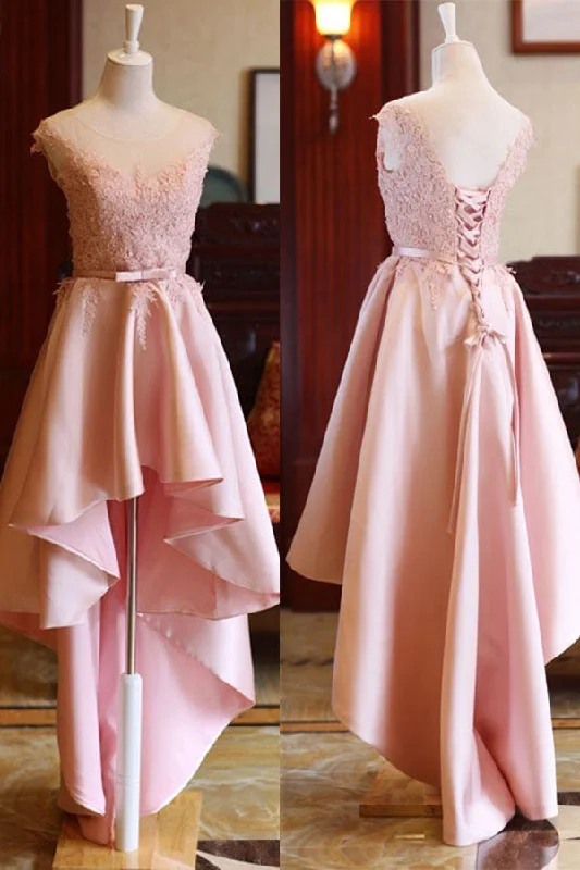 Flash Sale Starts Effortless Style Roycebridal Pink High Low Scoop Lace Up Mid Back Satin Sleeveless Prom Dresses