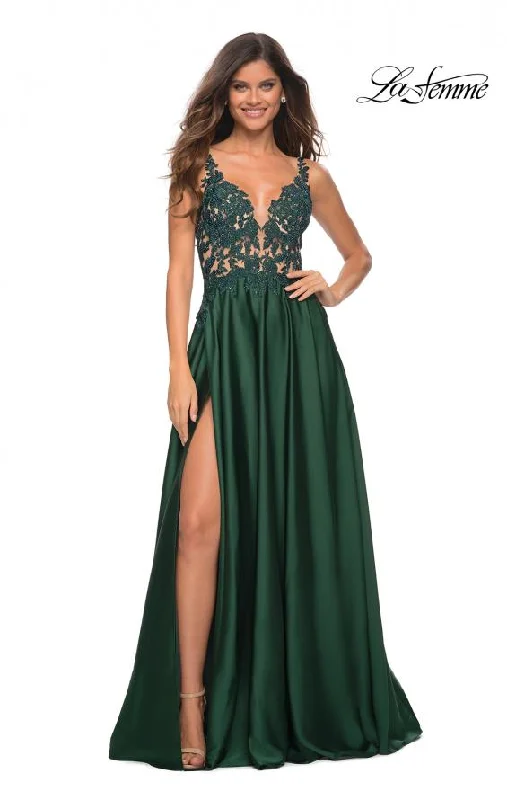 Step Ahead, Lead The Trend Contemporary Chic La Femme 30580 Satin Gown with Sheer Lace Bodice