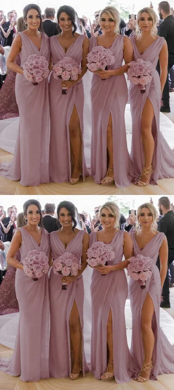 Fresh Styles, Fresh Deals Formal Outfit Pleated Chiffon Long Mermaid Slit Dusty Mauve Pink Bridesmaid Dress for Wedding,Women Maid of Honor Dresses PL10224