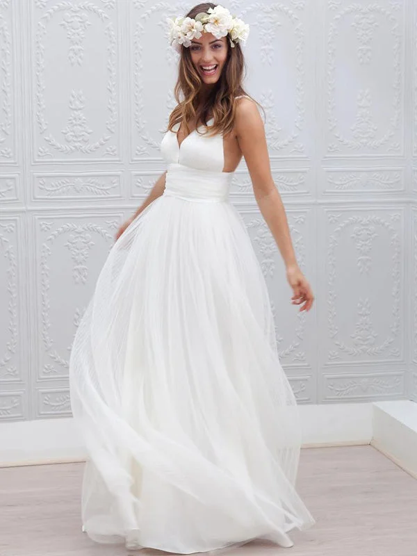 Casual Chic Floral Style Sexy V-neck Backless Tulle A-line Simple Long Beach Wedding Dress, WD0120