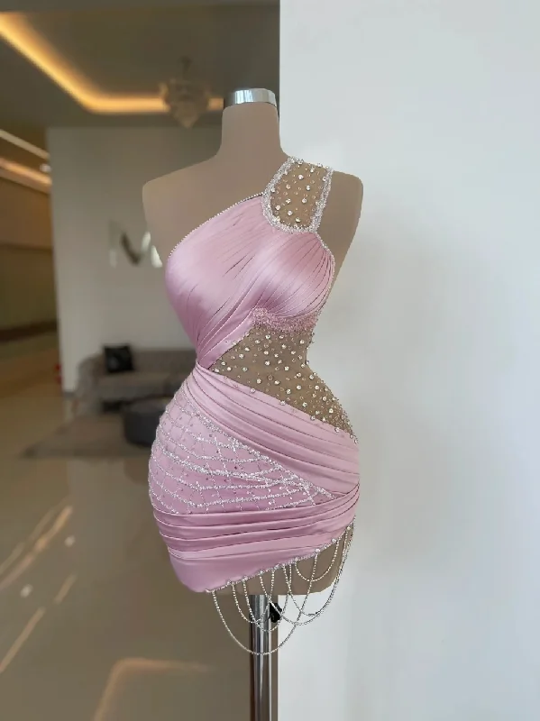 Big Savings Statement Piece Birthday One Shoulder Evening Dress Pink Sequins Crystals Bride Robe Elegant Mini Party Bridal Dresses Vestidos De Novia