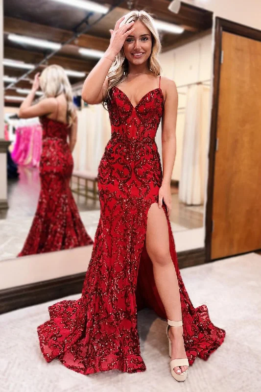 Buy More, Save More Polished Finish Roycebridal Red V Neck Sequins Lace Mermaid Prom Dresses with Slit