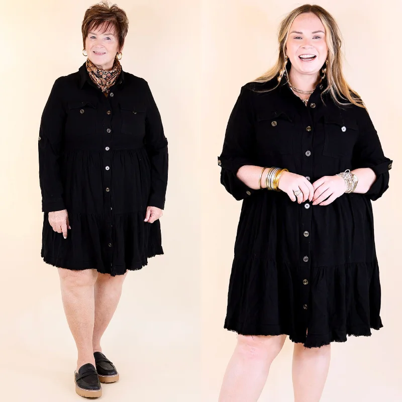 Unleash Your Fashion Elevated Style Chic Darling Ruffle Tiered Button Up Dress with Long Sleeves in Black