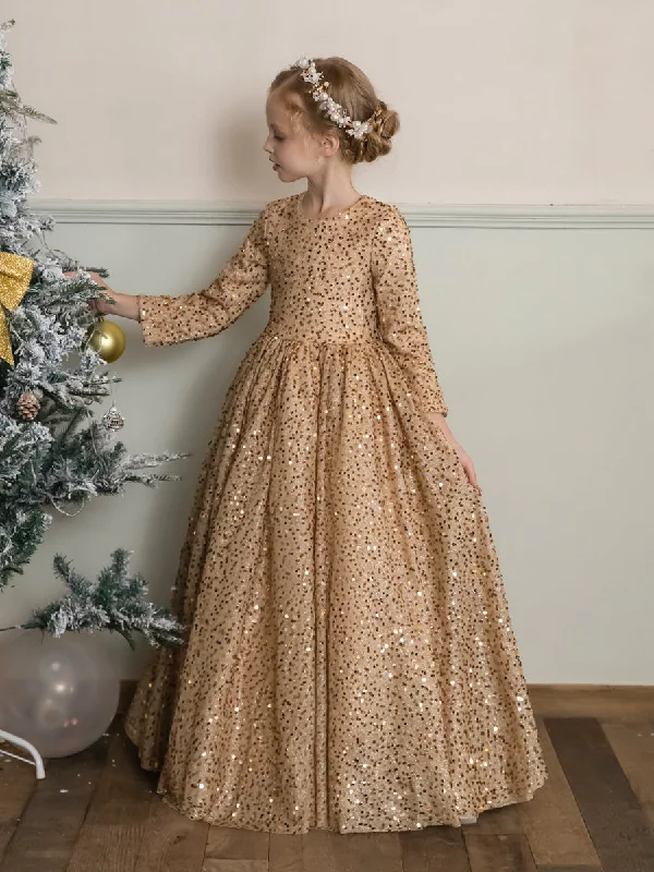 Romantic Chic Deals Boho Chic Crew Neck Velvet Sequins Long Sleeves Flower Girl Dresses