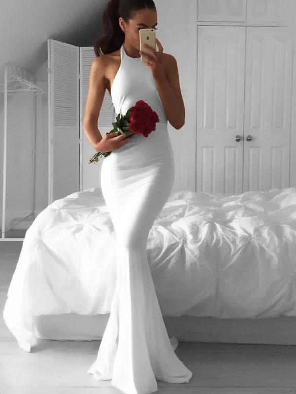 Fall Sale, Prices Drop Feminine Allure Elegant Halter Mermaid White Long Bridesmaid Dress with Train