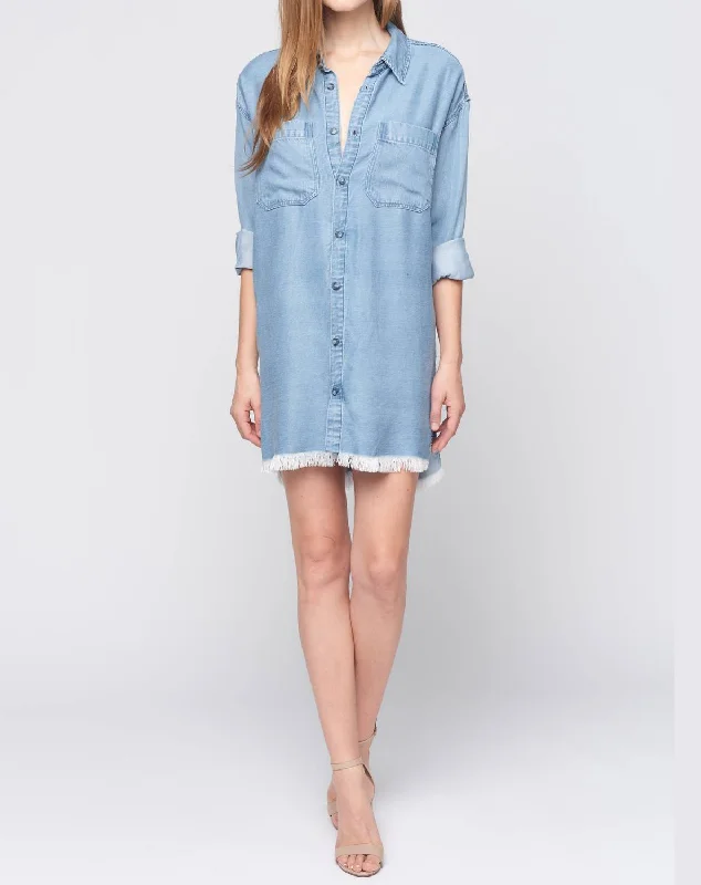 Limited Edition Formal Outfit Long Sleeve Button Down Dress In Chambray