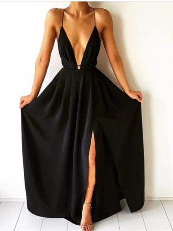 Clearance Event Chic Urban Fashion Look A Line V Neck Black Backless Prom Dresses, Black Backless Formal Dresses, Black Backless Bridesmaid Dresses