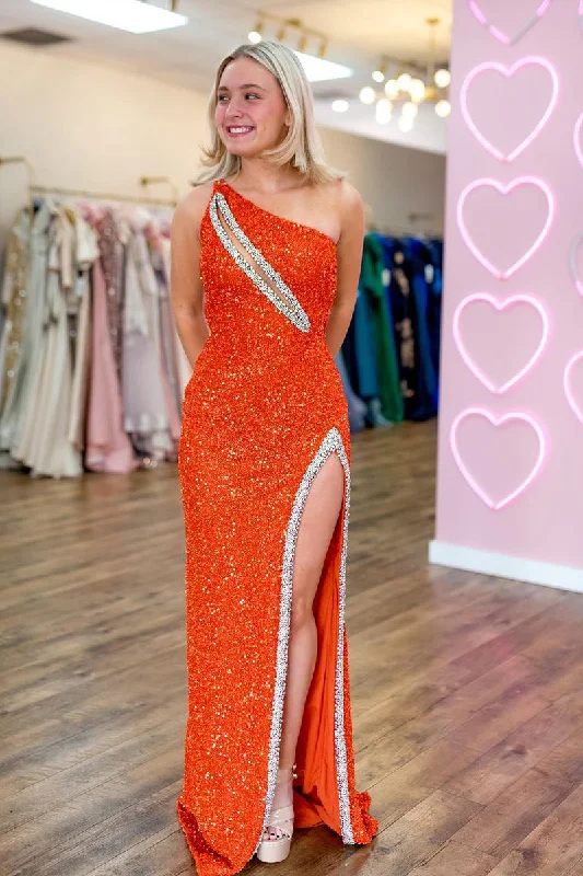 Budget Friendly Romantic Date - Night Ensemble Roycebridal Orange One Sholder Sequins Mermaid Prom Dresses with Slit