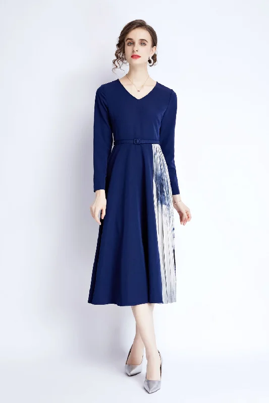 Additional Time-Limited Offers Classic Appeal Blue Office A-line V-neck Long Sleeve Below Knee Dress