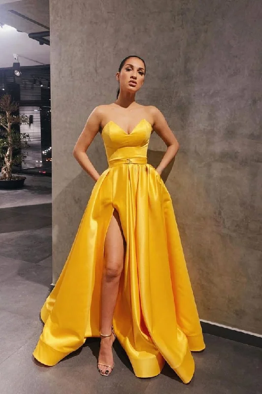 Boutique Styles Effortless Comfort YELLOW SATIN LONG PROM DRESS SIMPLE YELLOW BRIDESMAID DRESS   cg13640