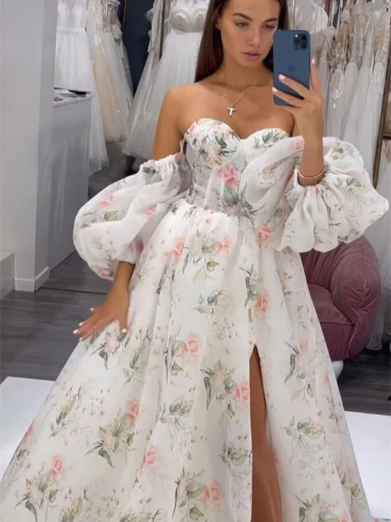 Urban Fashion Flowing Silhouette Sweetheart Long A-line Floral Wedding Dresses, Side Slit Wedding Dresses, Long Bridal Gown, Floral Prom Dresses, 2022 Newest Prom Dresses