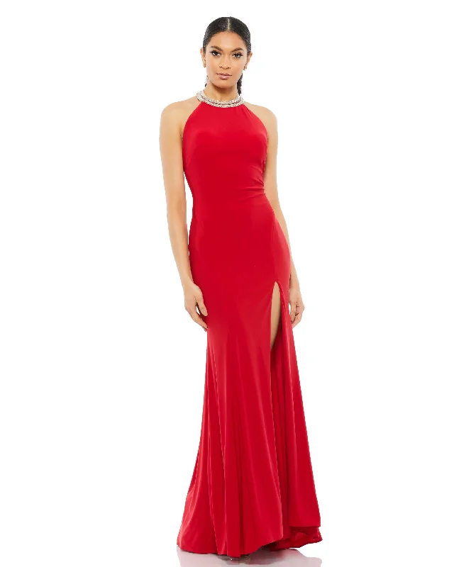 Trendy Street Style Refined Simplicity Beaded Halter Jersey Evening Gown