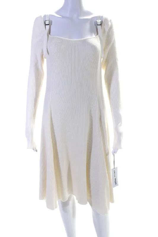 Seasonal Sale Elegant Attire Adeam Womens Colete Ribbed Buckled Long Sleeve Square Neck Dress White