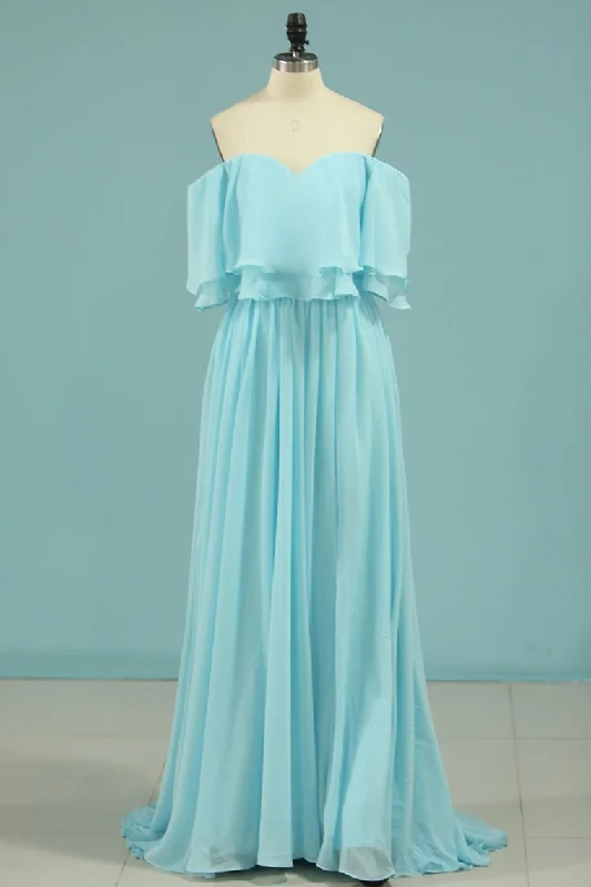 Daily Deals Classic Timeless Elegant Style Off the Shoulder Blue Flounce Chiffon Long Bridesmaid Dress